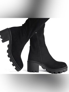 Black Chunky Heel Women's Mid-Calf Boots